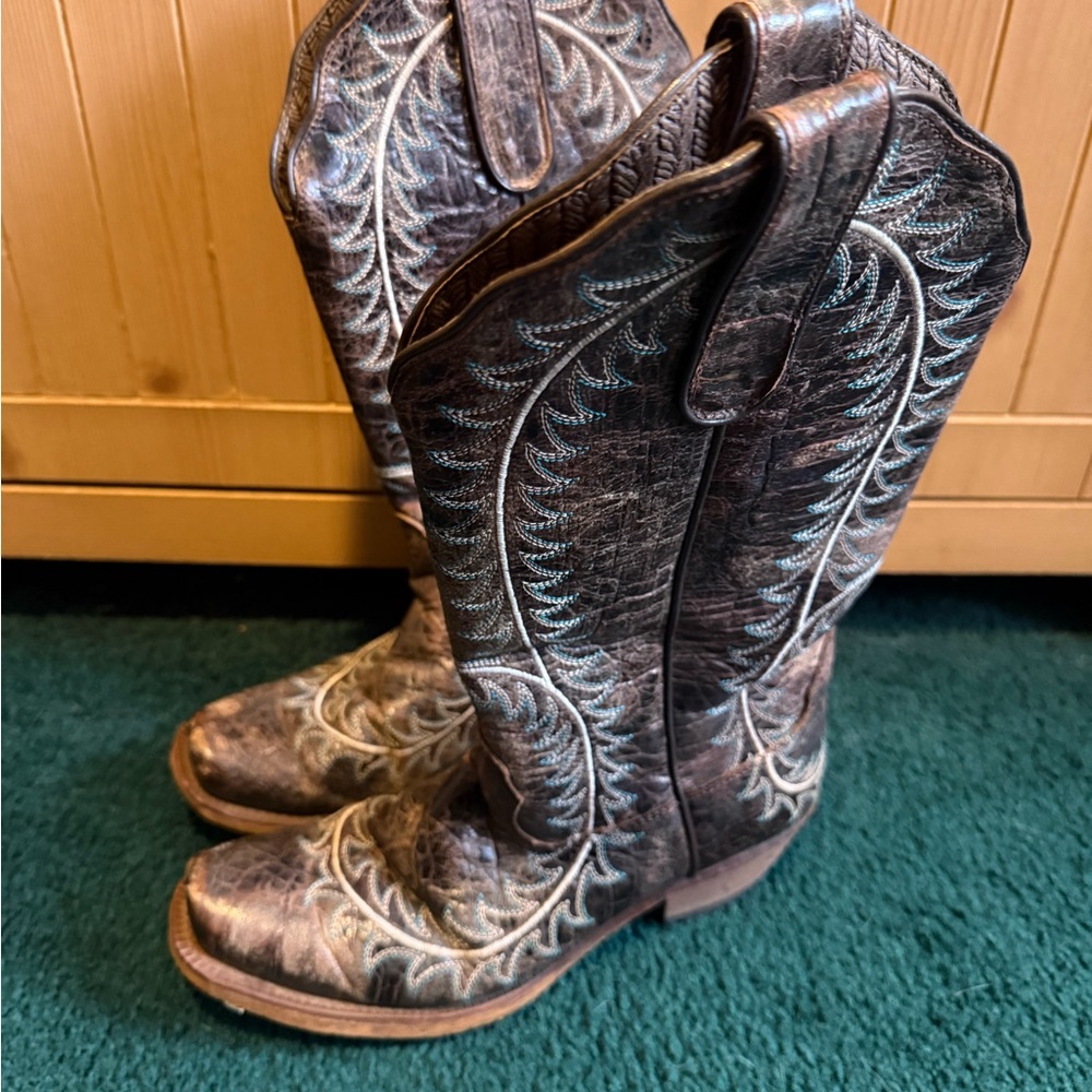 Nocona Distressed Brown Cowboy Boots with Blue Stitching